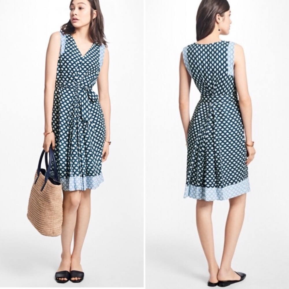 Brooks Brothers Navy and Light Blue Printed Wrap Dress
